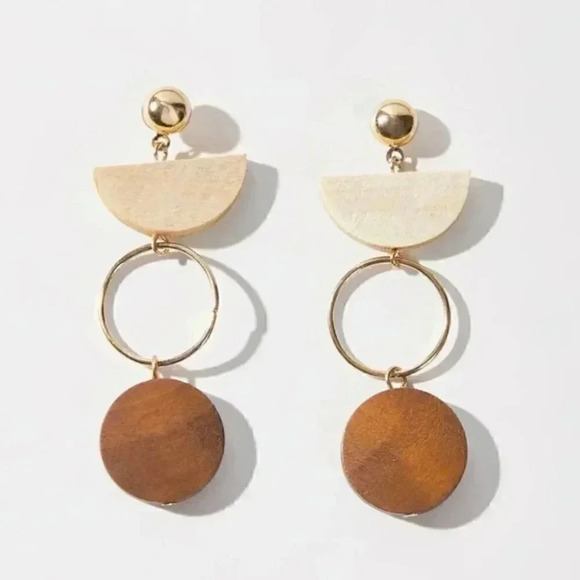 Multicolor Wood Contemporary Boho Minimalist Statement Round Drop Earrings - Picture 2 of 6